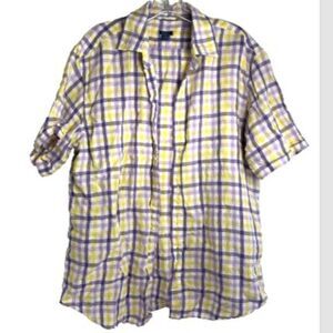 Tom James mens button linen shirt large purple white yellow plaid check gingham